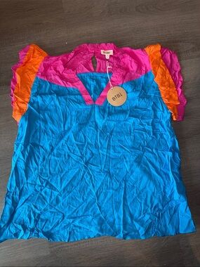 BiBi Colorblock Ruffle Sleeve Top NWT - XL